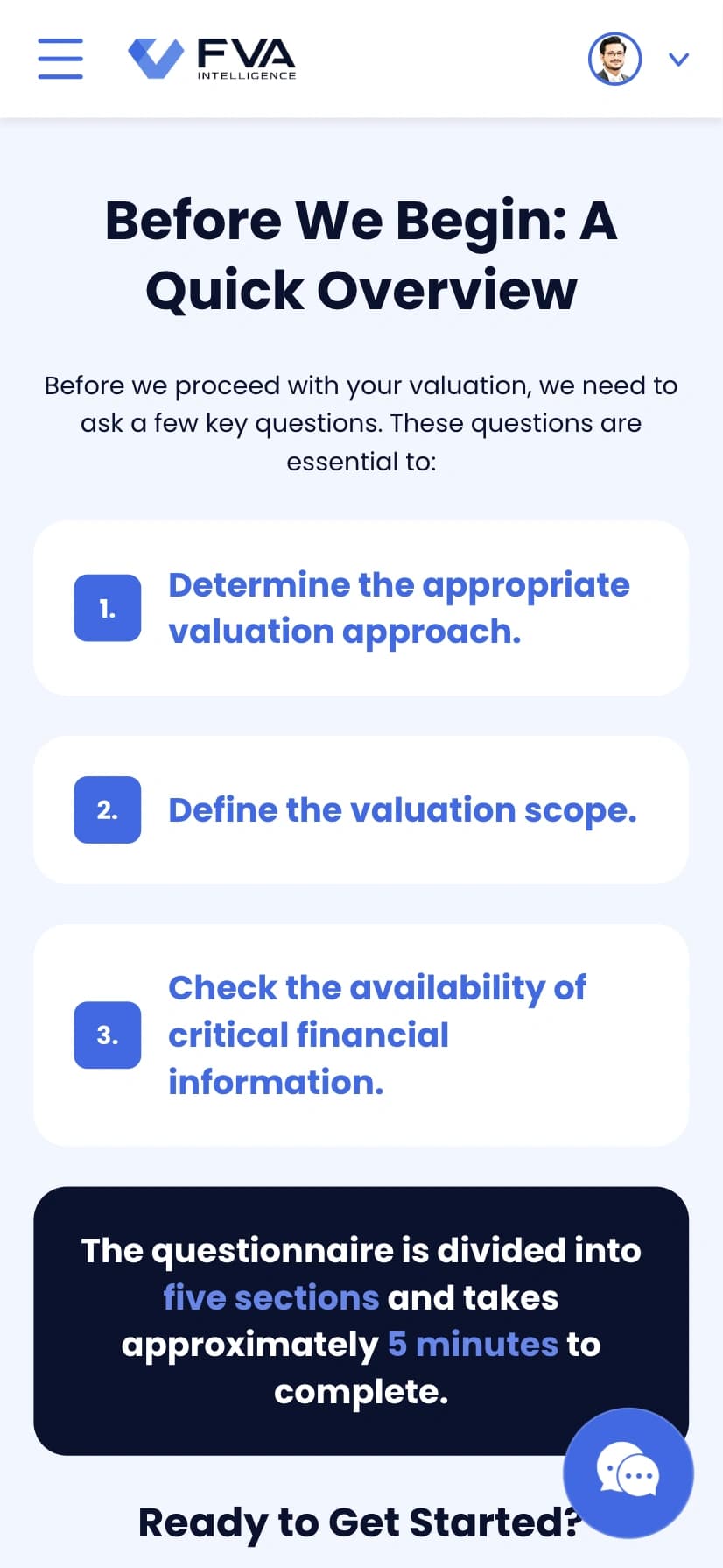 Business valuation workflow shown in a clean mobile layout.